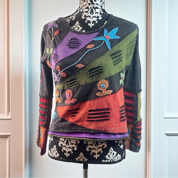 Rising International Tops - Rising International Boho Patchwork Long Sleeve Top Cotton Nepal M Distressed